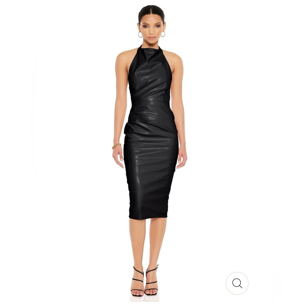 NWT Nookie $360 Black Faux Leather Halter Midi Dress size S
